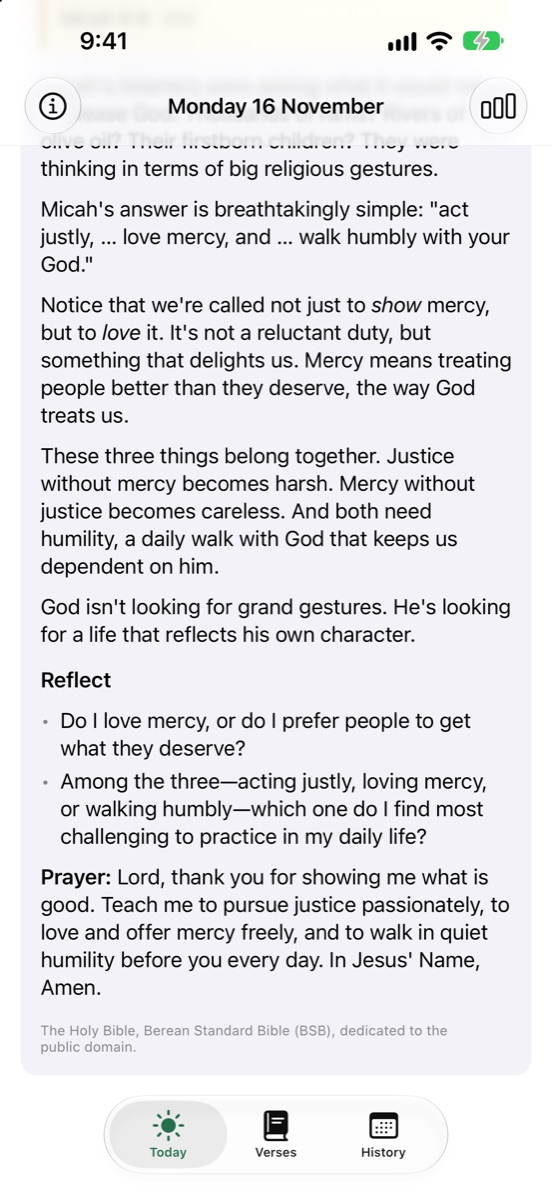 The devotion for MERCY: What the Lord requires, with Micah 6:8 and the start of the reflection.