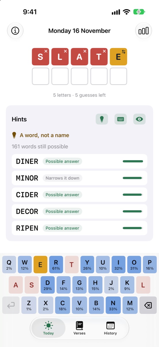 Hints on after SLATE: the clue says a word, not a name; the keyboard is shaded; five suggested guesses.