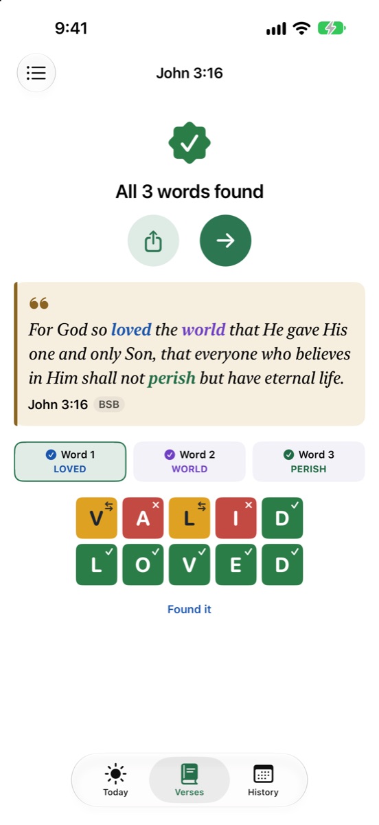 John 3:16 completed: loved, world and perish found and highlighted in the verse.
